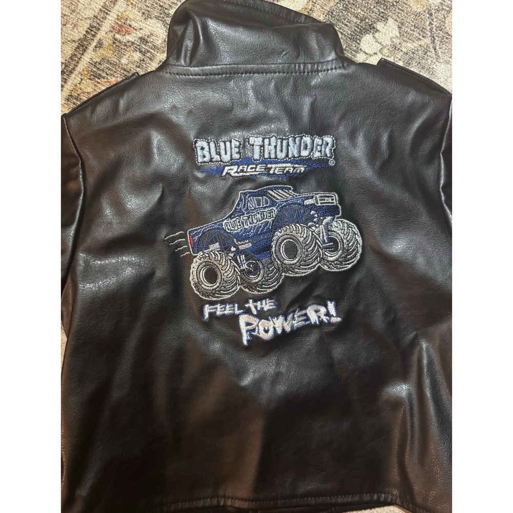 Rare Monster Jam Blue Thunder Race Team Feel The Power Kids Leather Jacket 18 Mo